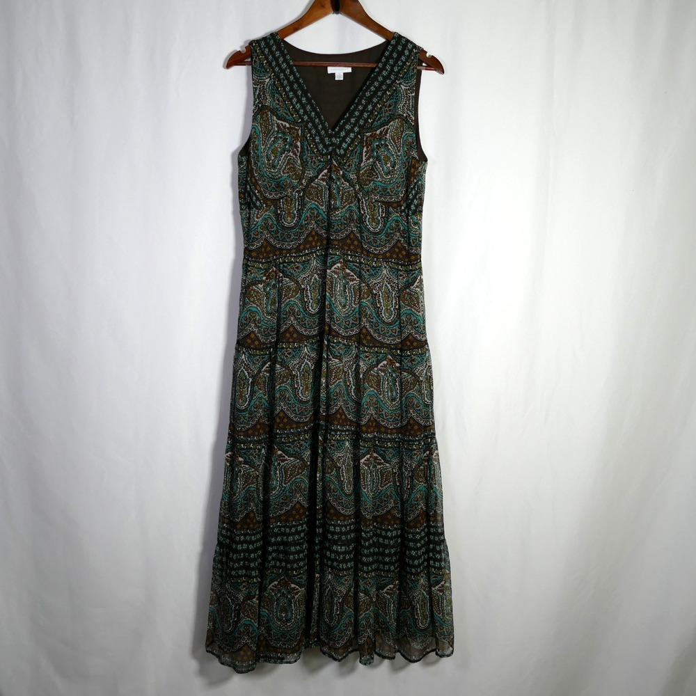 Charter Club Boho Whimsigoth Silk Babydoll Maxi Dress Size 14 Tiered Paisley
